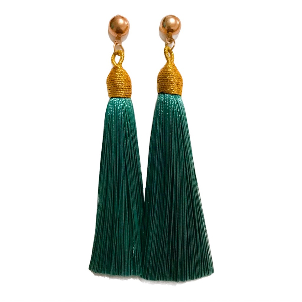 Long Teal Color & Gold Tassel Earrings